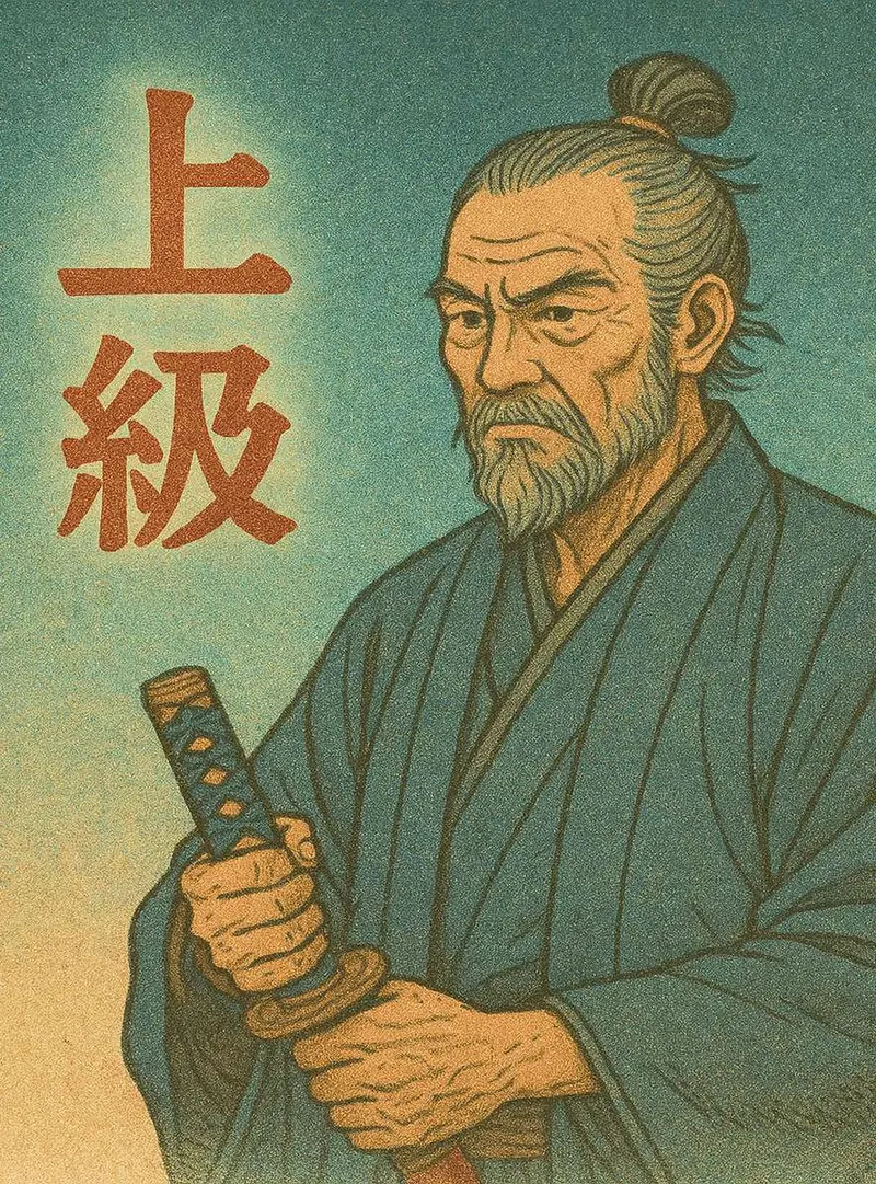 Ilustrace: samuraj se znaky 上級