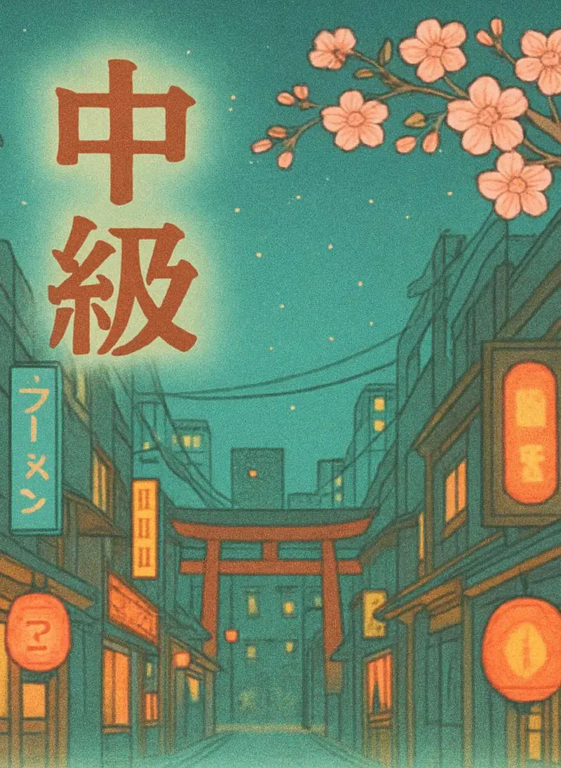 Ilustrace: tokijská ulička s lampiony a znaky 中級